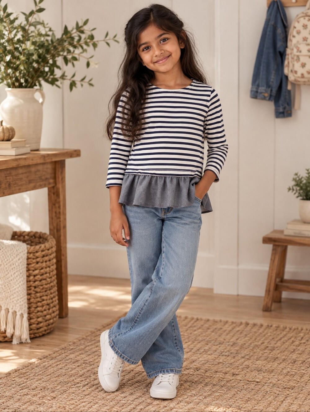 J.Crew Crewcuts Girls Striped Peplum Top Size 8 Navy Wool Blend Preppy Nautical